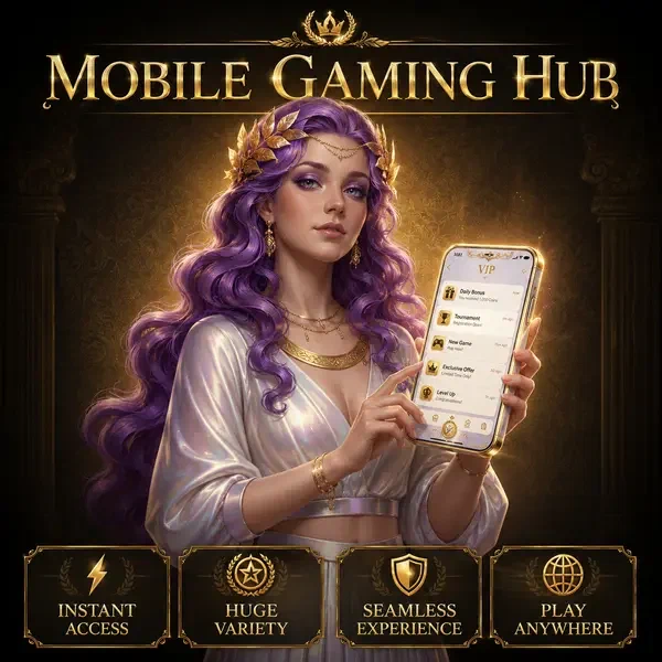 Dea della vittoria tiene smartphone che mostra oltre 3.600 giochi compatibili con mobile nelle funzionalità dell'app