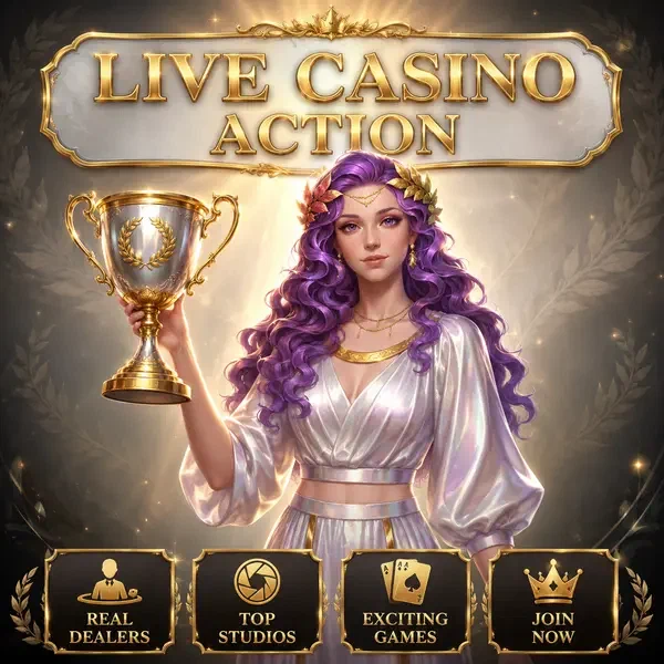 Dea della vittoria che presenta trofeo nell'arena dei dealer dal vivo di LiraSpin Live Casino