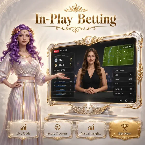 Dea della vittoria accanto allo schermo Live Sports Betting che mostra azione del dealer live con eleganza dorata