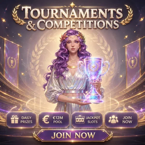 Dea della vittoria che tiene trofeo olografico ai tavoli del casinò live di LiraSpin Tournaments